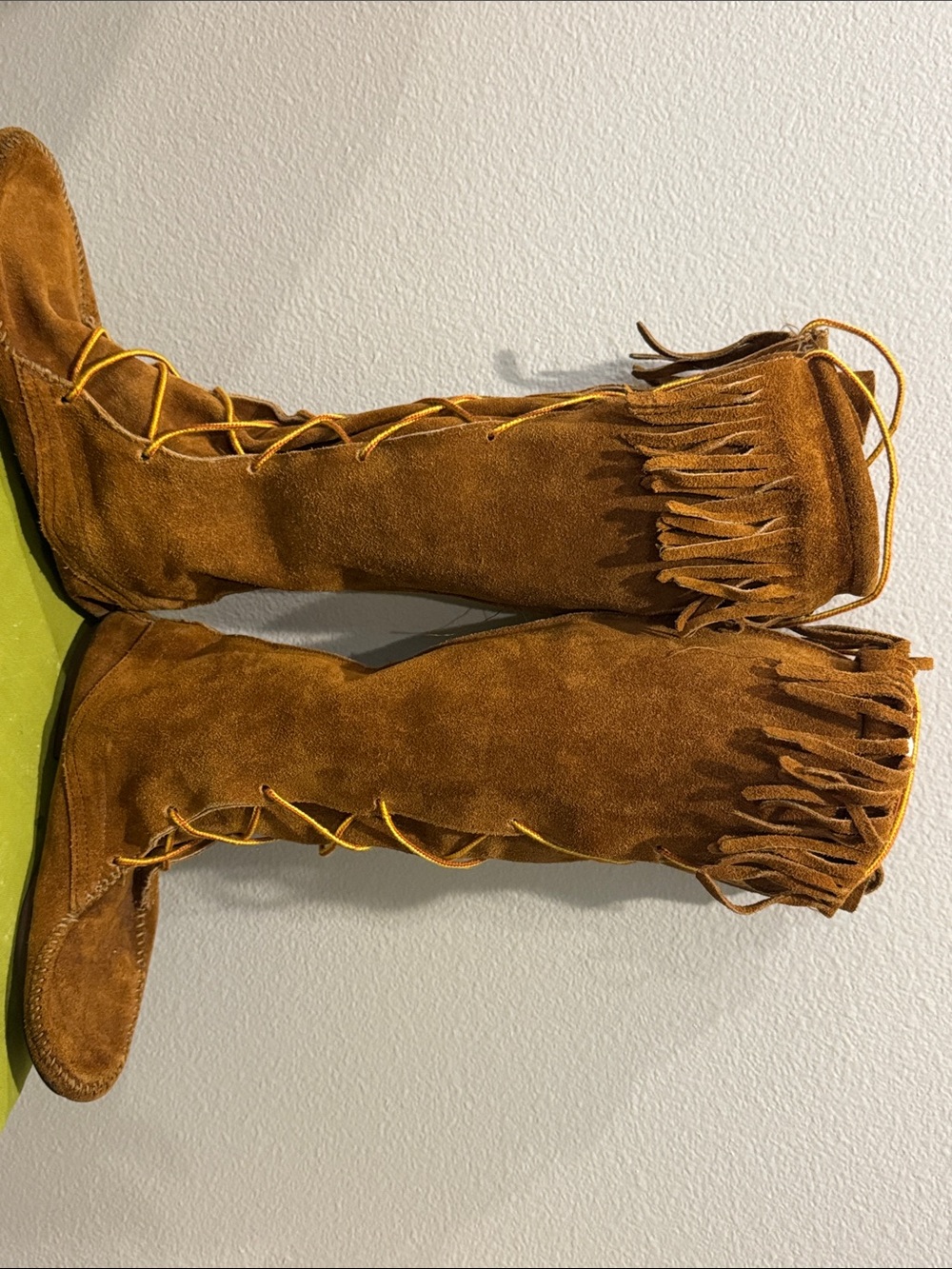 Vintage Minnetonka Brown Suede Fringe Knee High Lace Up Boots - Picture 2 of 16
